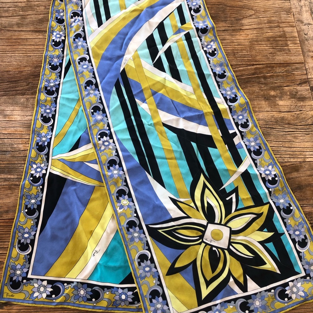 Emilio Pucci Blue Chartreuse Black Silk Scarf